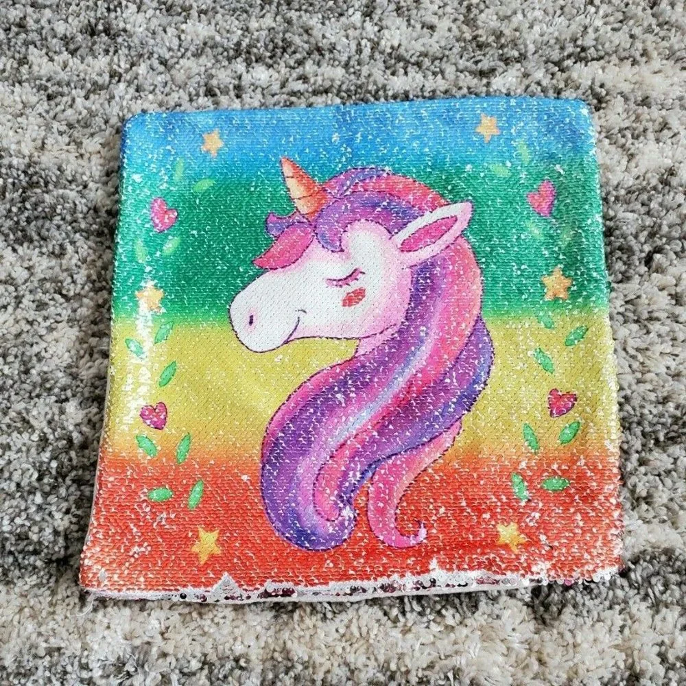Kids Teen Unicorn  Rainbow Sequin Pillow Cover 16 x 16 New Without Tags